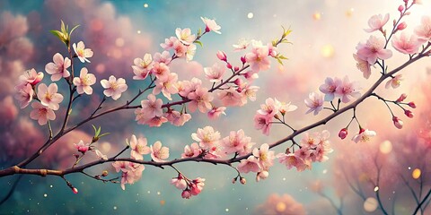 Fototapeta premium Surreal Cherry Blossom Elegance - Capturing the Essence of Mono no Aware in a Pastel Sky