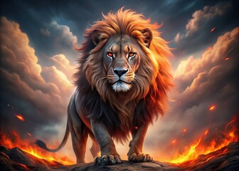 Naklejka premium Red-eyed Hell Lion, rule of thirds, digital art, intense.