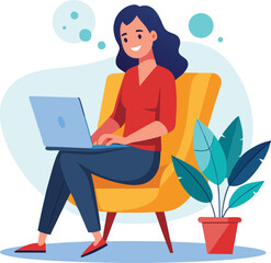 a girl is using his laptop vector