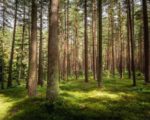 Obraz premium A misty pine forest at dawn, featuring towering trees and green grass, creating an enchanting and atmospheric scene, ai.