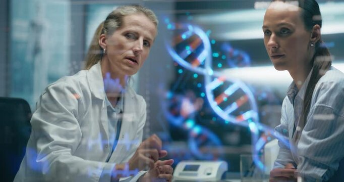 Physician And Patient Examine A Holographic Dna Model. AI-Powered Genomic Analysis Highlights Mutation Hotspots And Therapeutic Targets In Real-Time, Precision Medicine And Targeted Gene Therapies.