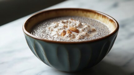 Creamy Chia Seed Pudding Bowl with Almonds and Oats on a Marble Surface Capturing a Healthy and Wholesome Breakfast Vibe Ideal for Food Photography and Wellness Promotions