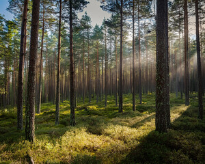 Obraz premium A dense pine forest shrouded in morning fog, with tall trees and lush grass, creating a mysterious atmosphere, ai.