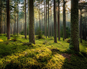 Obraz premium A dense pine forest shrouded in morning fog, with tall trees and lush grass, creating a mysterious atmosphere, ai.