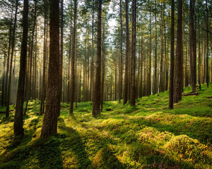 A dense pine forest shrouded in morning fog, with tall trees and lush grass, creating a mysterious atmosphere, ai.