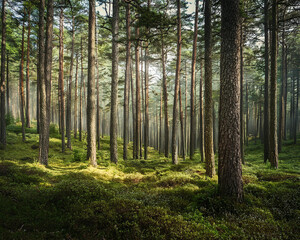 A dense pine forest shrouded in morning fog, with tall trees and lush grass, creating a mysterious atmosphere, ai.