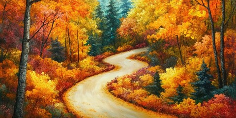 Autumn landscape featuring a winding road that meanders through a vibrant forest. This captivating autumn landscape showcases the beauty of nature in all its seasonal glory.