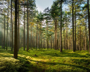 Obraz premium A misty pine forest at dawn, featuring towering trees and green grass, creating an enchanting and atmospheric scene, ai.