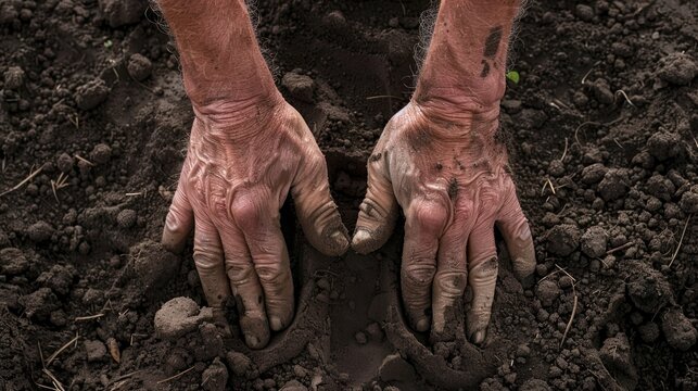 Farmer Hands. Aerial View of Man's Dirty Hands on Soil - Male Gardener Working the Land