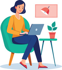 a girl is using his laptop vector