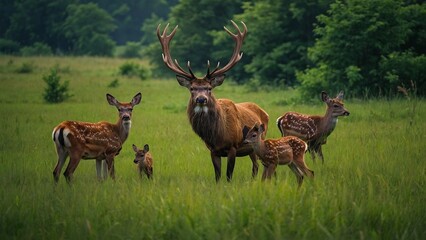 Naklejka premium A majestic stag stands tall in a lush meadow, surrounded by its curious fawns as they graze on the vibrant green grass.