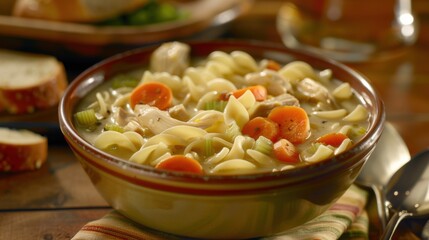 A comforting bowl of chicken noodle soup with carrots and celery, served in a ceramic bowl