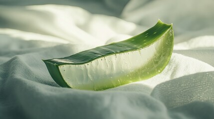 Thick aloe vera slice with glistening gel, resting on a white cloth, representing soothing, natural skincare.