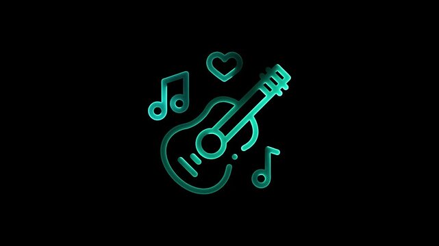 Neon music sheet. Line art. Musical symbols. Isolated on black background. Neon lines. Glowing music icons. Treble Clef. Music note. Musical notes. Music