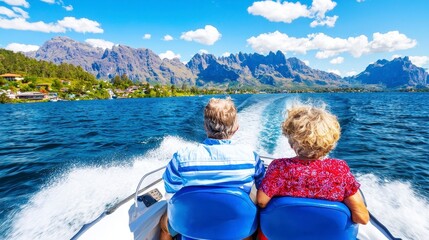 Fototapeta premium Seniors enjoying a scenic boat ride on a beautiful lake