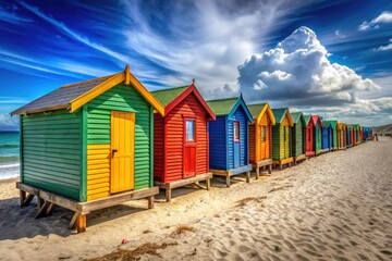 Naklejka premium Vibrant Beach Huts by the Shore - Colorful Coastal Scene in High Dynamic Range