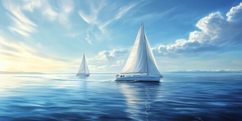 Fototapeta premium Yacht and sailing boat gracefully navigating the serene sea, showcasing the beauty of yachts and sailing boats as they glide across the tranquil waters of the sea.