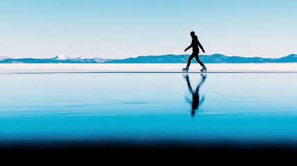 Fototapeta premium Serene ice skating on a frozen lake with mountains in the background