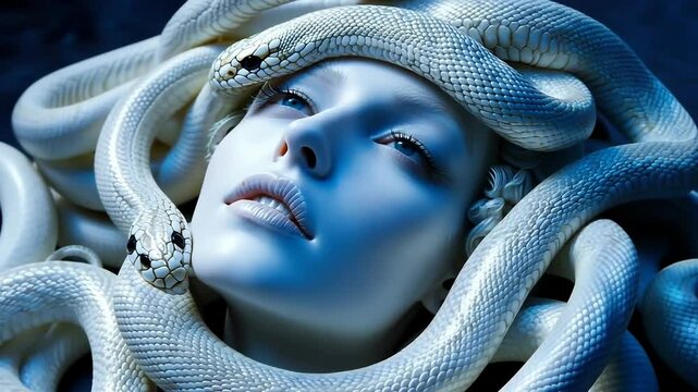 Surreal portrait of woman entwined white snakes