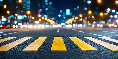 A nighttime view of a city street with illuminated traffic and yellow pedestrian crosswalk lines.