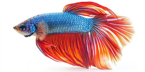 Fototapeta premium Closeup of a Betta Fish, showcasing the vibrant colors and intricate details of this Siamese fighting fish, isolated on a clean white background for optimal viewing of the Betta Fish features.