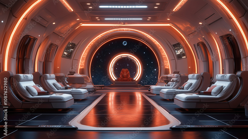 Aufkleber futuristic lounge area with orange lights and space view, designed for relaxation in an advanced spa