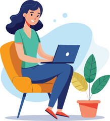 a girl is using his laptop vector