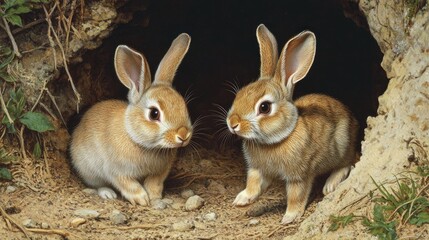 Fototapeta premium Two European rabbits playing near a burrow entrance, with one peeking out and the other nearby on alert.