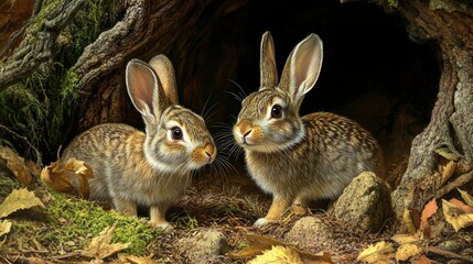 Obraz premium Two European rabbits playing near a burrow entrance, with one peeking out and the other nearby on alert.