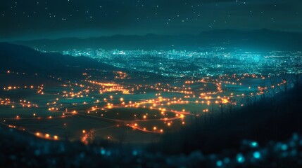 Obraz premium Illuminated Fields at Night, City Lights in the Distance - Night cityscape, glowing lights, distant city, illuminated fields, starry sky. Tranquil, serene, magical.
