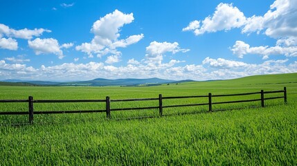 Fototapeta premium A vibrant landscape featuring lush green grass, a wooden fence, and a blue sky dotted with fluffy white clouds.
