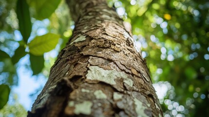 Fototapeta premium Closeup Tree Trunk Texture, Lush Green Canopy, Sunlight, Nature Scene