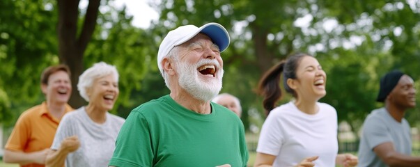 Happy seniors jogging outdoors, enjoying vibrant community exercise session.