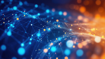 Obraz premium Image Of Digital Information In A Neon Blue And Orange Space. Glowing Digital Network Connections. Interconnected Nodes And Lines. The Abstract, Futuristic Design Conveys Of Technological Advancement