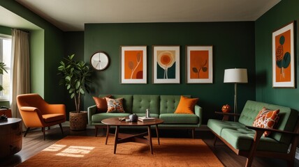 Here's a description and keywords for your stock photo.. Mid-century modern living room with green walls, orange accents, and mid-century furniture.