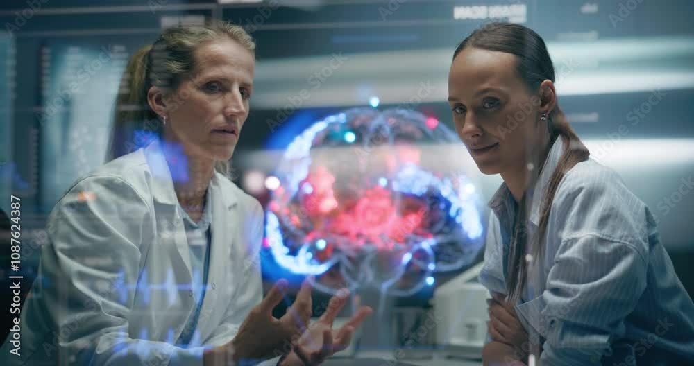 Aufkleber Physician and Patient Discuss Diagnosis and Treatment Using a Dynamic Holographic Brain Model in a Cutting-edge Lab, Enhancing Precision in Neurological Analysis and Research. Medical Examination