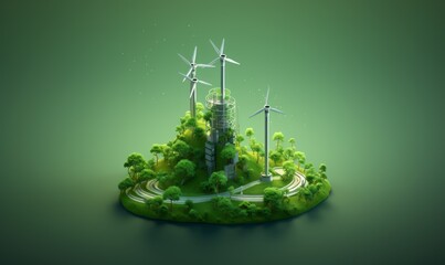 A green tower of wind turbines in a green environment.