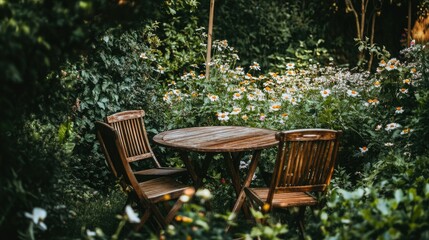 Wooden table and chairs arranged in a lush green garden, surrounded by blooming flowers and foliage for a cozy outdoor seating area.