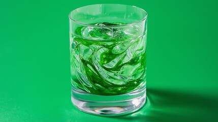 A fresh green smoothie in a clear glass with vibrant spirulina swirls