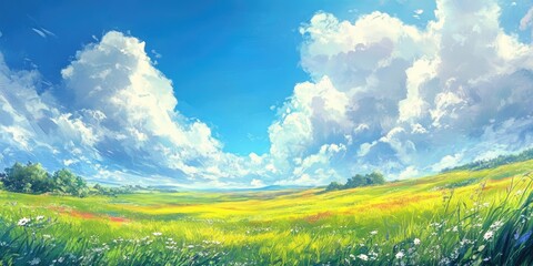 Obraz premium Vibrant colorful fields showcase a stunning landscape with lush grass under a bright blue sky adorned with fluffy white clouds, creating a picturesque scene of nature s beauty in colorful fields.