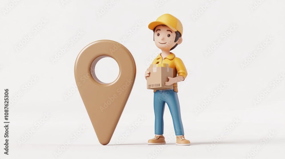 Poster a 3d character holding a package next to a location pin, symbolizing delivery services.