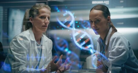Physician And Patient Discuss Treatment with Projected DNA Helices Hologram. AI Molecular Epigenetic Hotspots And Protein-Binding Domains, Visualization Of Gene Expression, Targeted CRISPR Therapy - Powered by Adobe