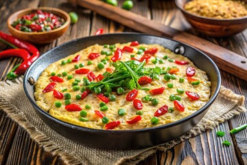 Sesame Rice Omelette, Red Peppers, Green Onions - Enamel Skillet