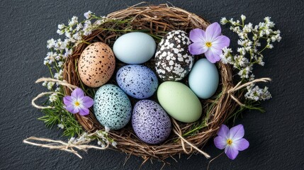 Obraz premium Colorful easter eggs arranged in a decorative nest with flowers