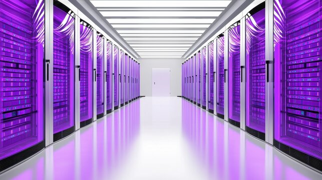 Modern data center with purple lighting and server racks on both sides