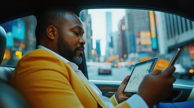 Middle-aged Black man is focused on charts while traveling in a taxi through the city