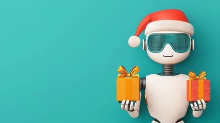 Robot in Santa hat holding gift boxes.