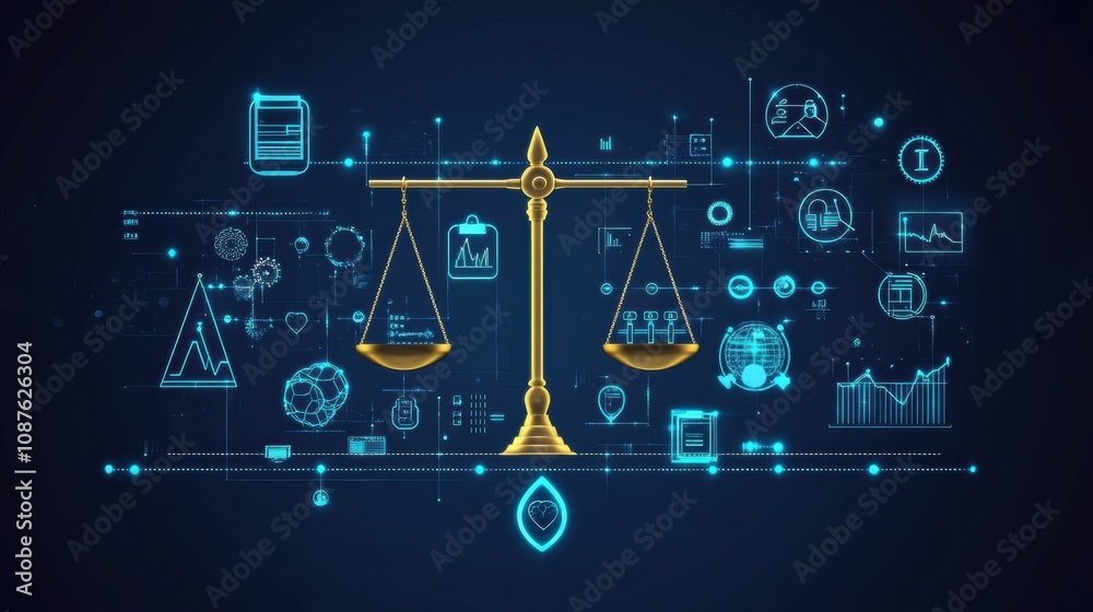 Poster A digital representation showcases scales of justice harmonizing with data analytics and technology, highlighting modern legal frameworks. Generative AI