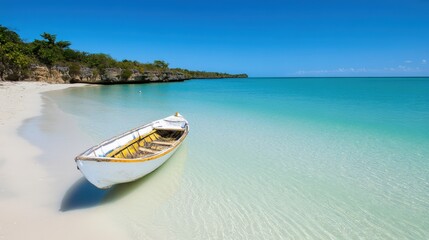 Naklejka premium Tranquil Beach Scene Wooden Boat, Turquoise Water, Sandy Shore