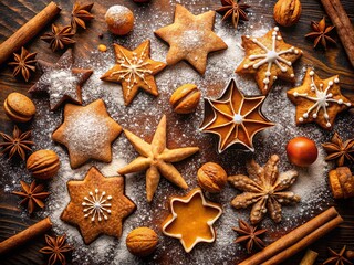 Fototapeta premium Silhouette Gingerbread Christmas Star Cookies - Dark Plywood Background